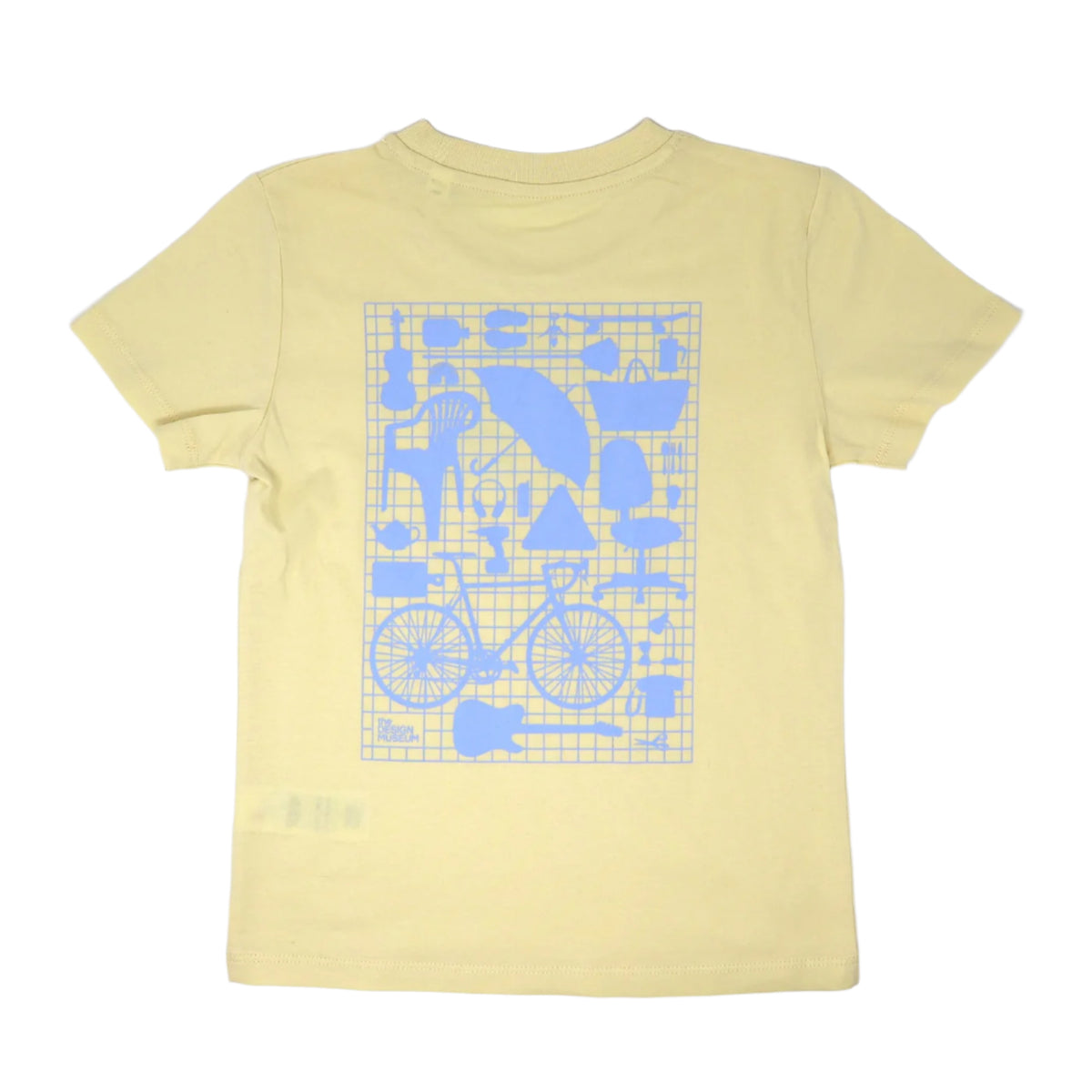 The back of a pastel yellow kids short sleeved t-shirt featuring a monochrome image of a the Design Museum's crowdsourced wall on its back centre. printed in pastel blue.