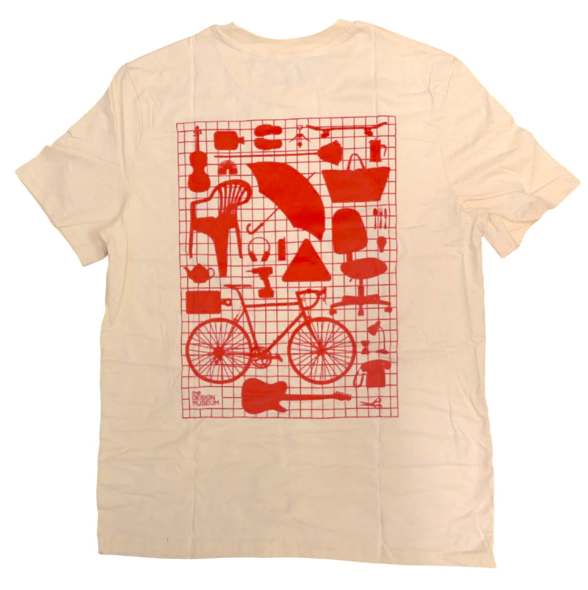 The back of an ecru short sleeved t-shirt showing a red monochrome image of the Design Museum's crowdsourced wall.