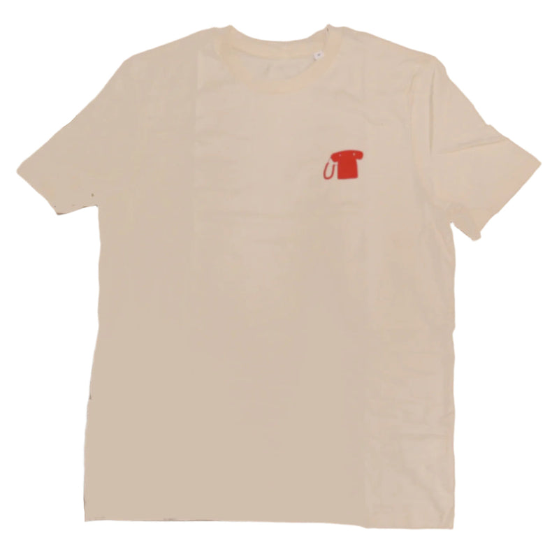 An ecru short sleeved t-shirt featuring a small minimalistic image of a red cradle phone on its front top left side.