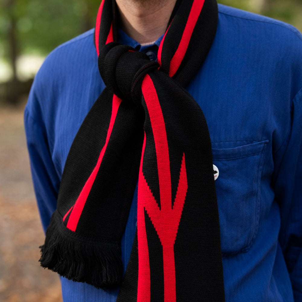 A close-up of a person wearing a black knit scarf with bold red stripes and fringe, styled over a blue button-up shirt in an outdoor setting.