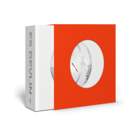Red and white packaging box with a circular cutout displaying a white Es Devlin book