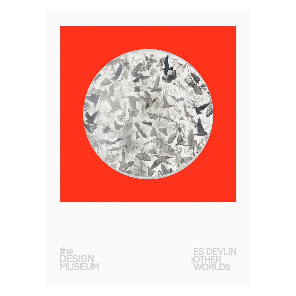 A minimalist art print poster featuring a bold red square with a central circular grayscale collage of birds, with 'the DESIGN MUSEUM' and 'ES DEVLIN : OTHER WORLDS' printed in gray on a white background.