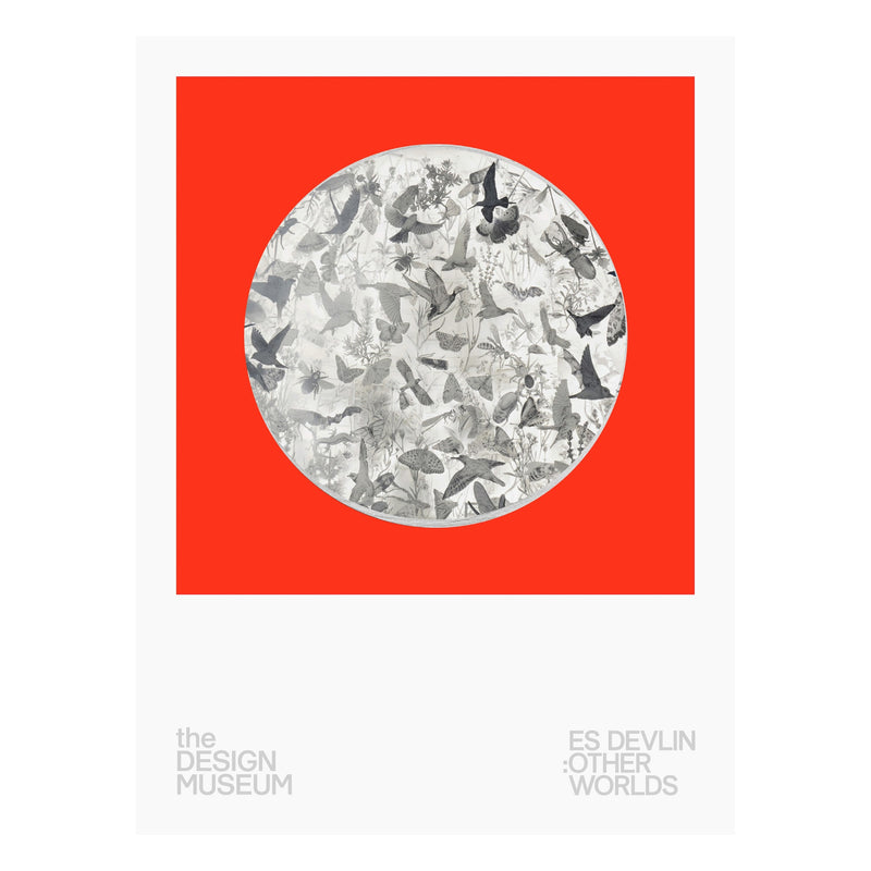 A minimalist art print poster featuring a bold red square with a central circular grayscale collage of birds, with 'the DESIGN MUSEUM' and 'ES DEVLIN : OTHER WORLDS' printed in gray on a white background.