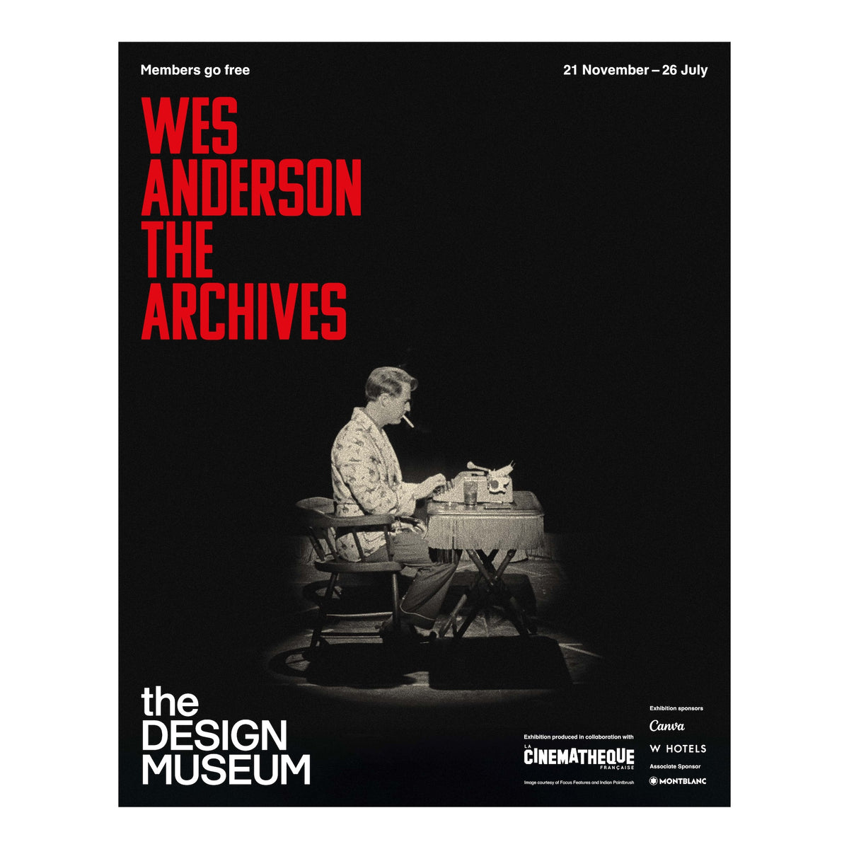 Poster for 'Wes Anderson: The Archives' exhibition at the Design Museum with black and white photo of a person sitting.