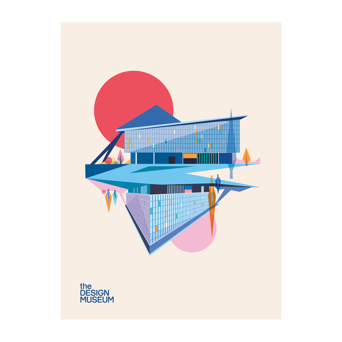 Colourful graphic print design of the Design Museum featuring a red sun and an off white background.