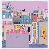 Illustration of a cityscape with cartoon animals on rooftops and in windows.
