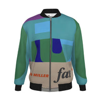 Colorful jacket with geometric patterns and visible branding on a white background