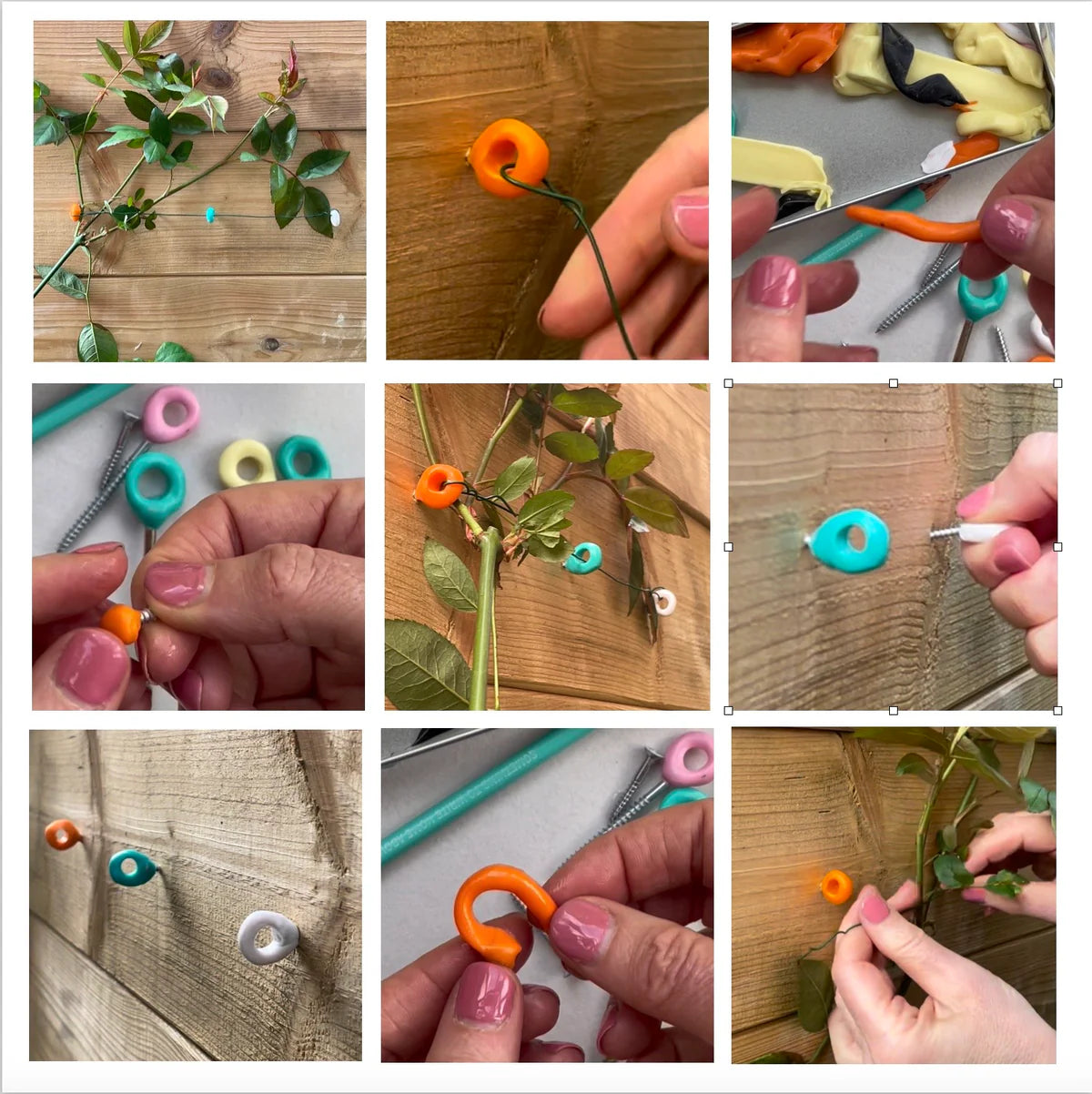 Step-by-step process of creating decorative items using small colored rings and green leaves on a wooden surface.