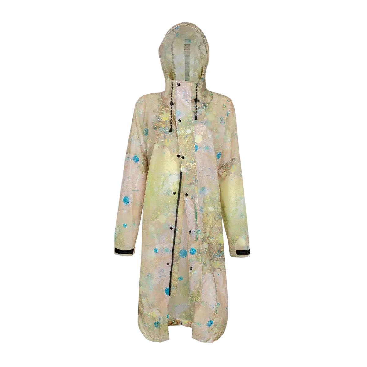 Transparent raincoat with colorful patterns on a gray background