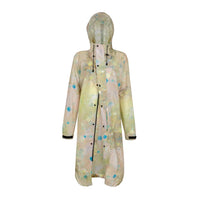 Transparent raincoat with colorful patterns on a gray background