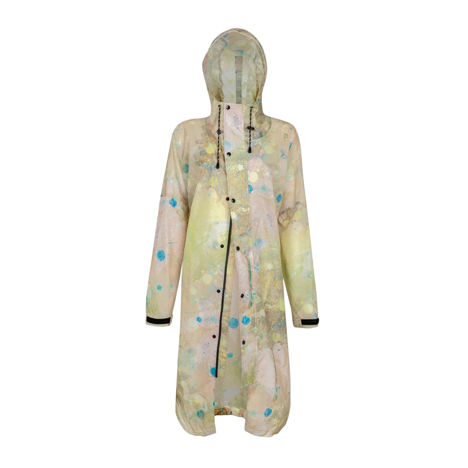 Transparent raincoat with colorful patterns on a gray background
