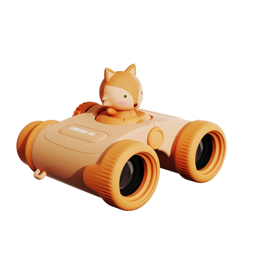 Toy binoculars with a fox figure on a white background