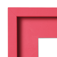 Corner of a red picture frame with 'pop-up' brand logo.