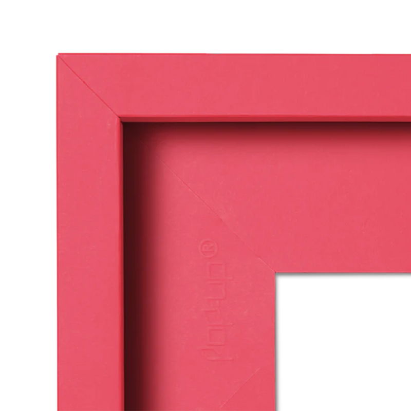 Corner of a red picture frame with 'pop-up' brand logo.