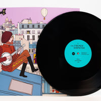 Vinyl record with a blue label featuring an illustration of a person playing a banjo on a rooftop.