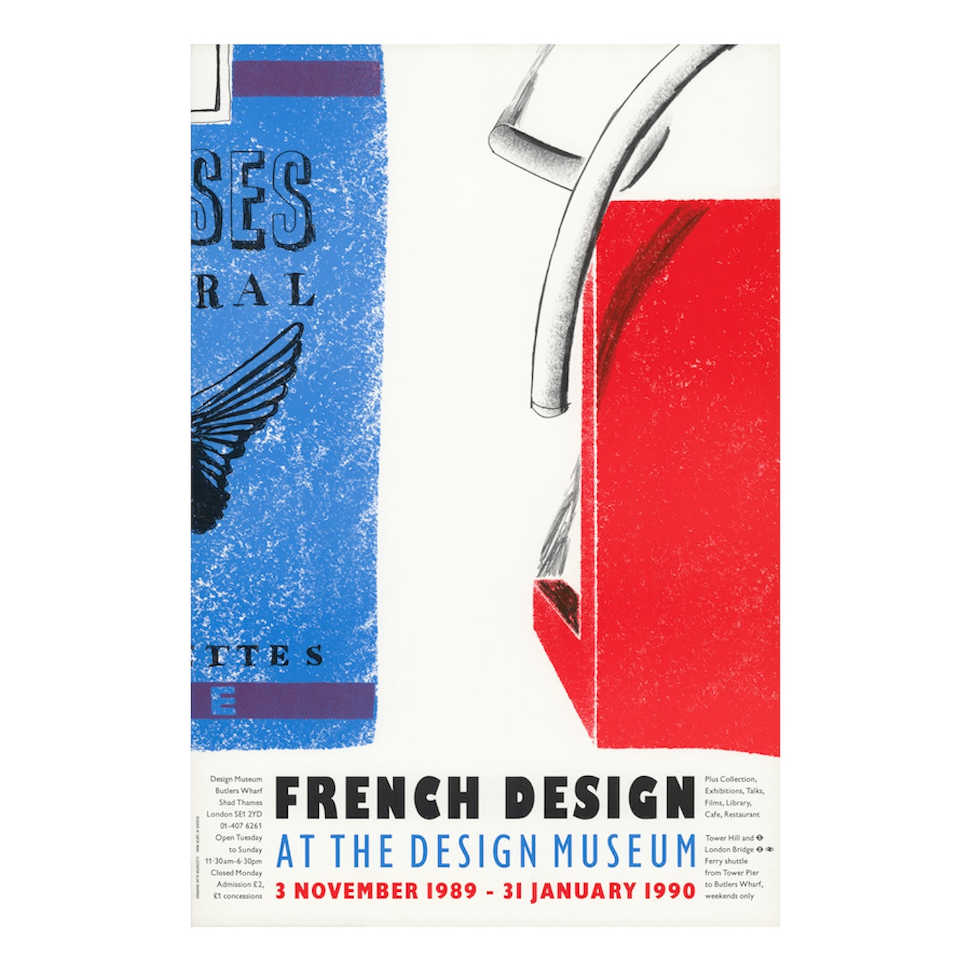 Poster for 'French Design at the Design Museum' with a red, white and blue striped background.