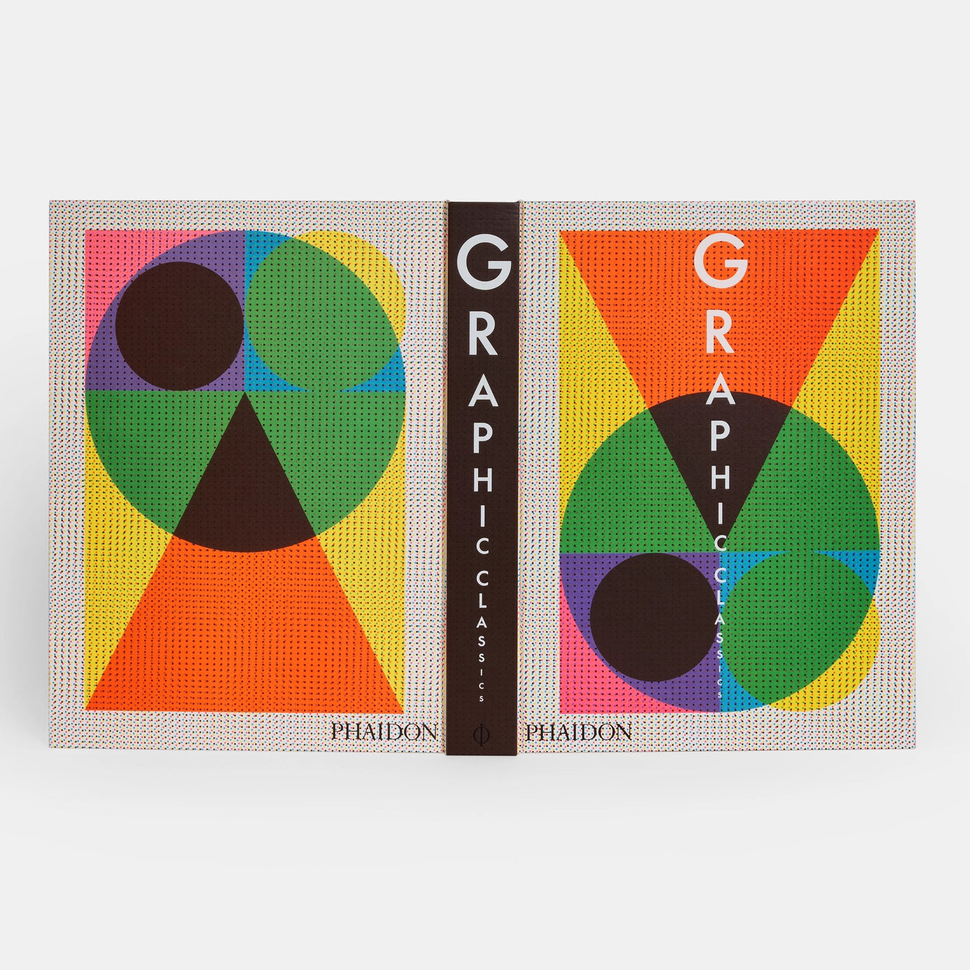 Graphic Design Classics book open showing front and back covers featuring colourful geometric designs.