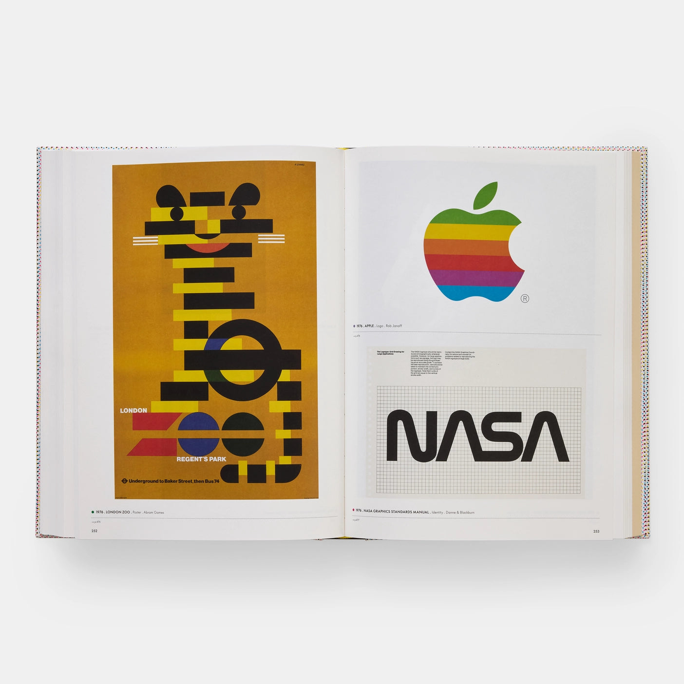 Open page of graphic design classics displaying logos of Apple and NASA on a white background