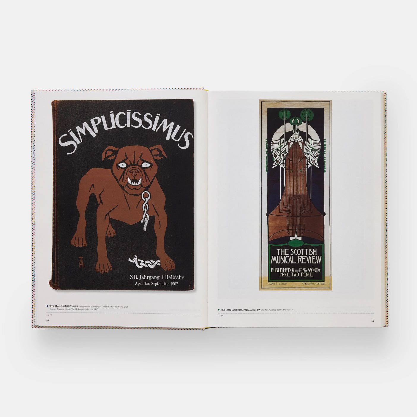 Open page of graphic design classics displaying two vintage posters on a white background