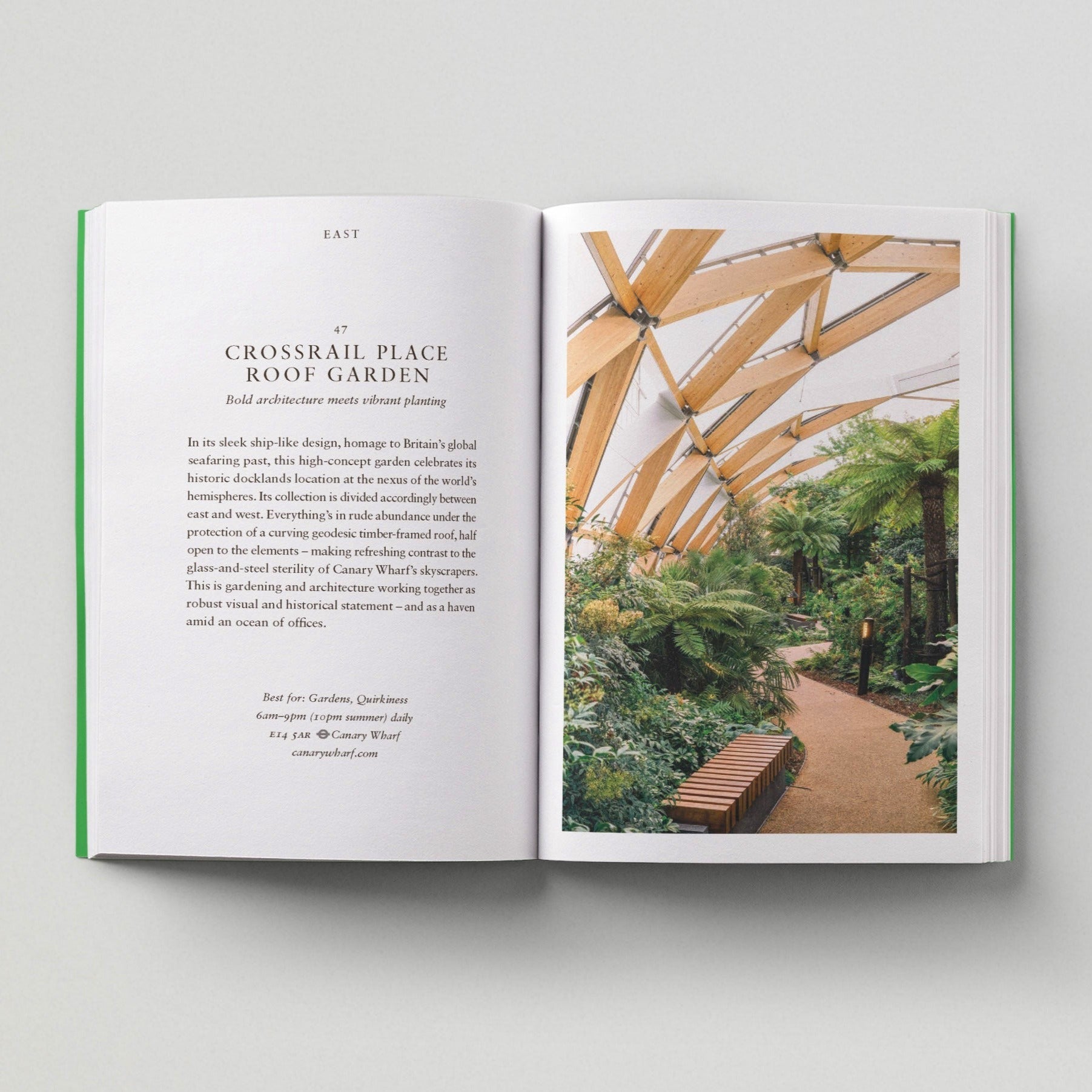 Open page of London Green Spaces book featuring a photograph of the Crossrail Place roof garden.