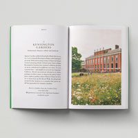 Open page of London Green Spaces book featuring a photograph of Kensington Palace and its gardens.
