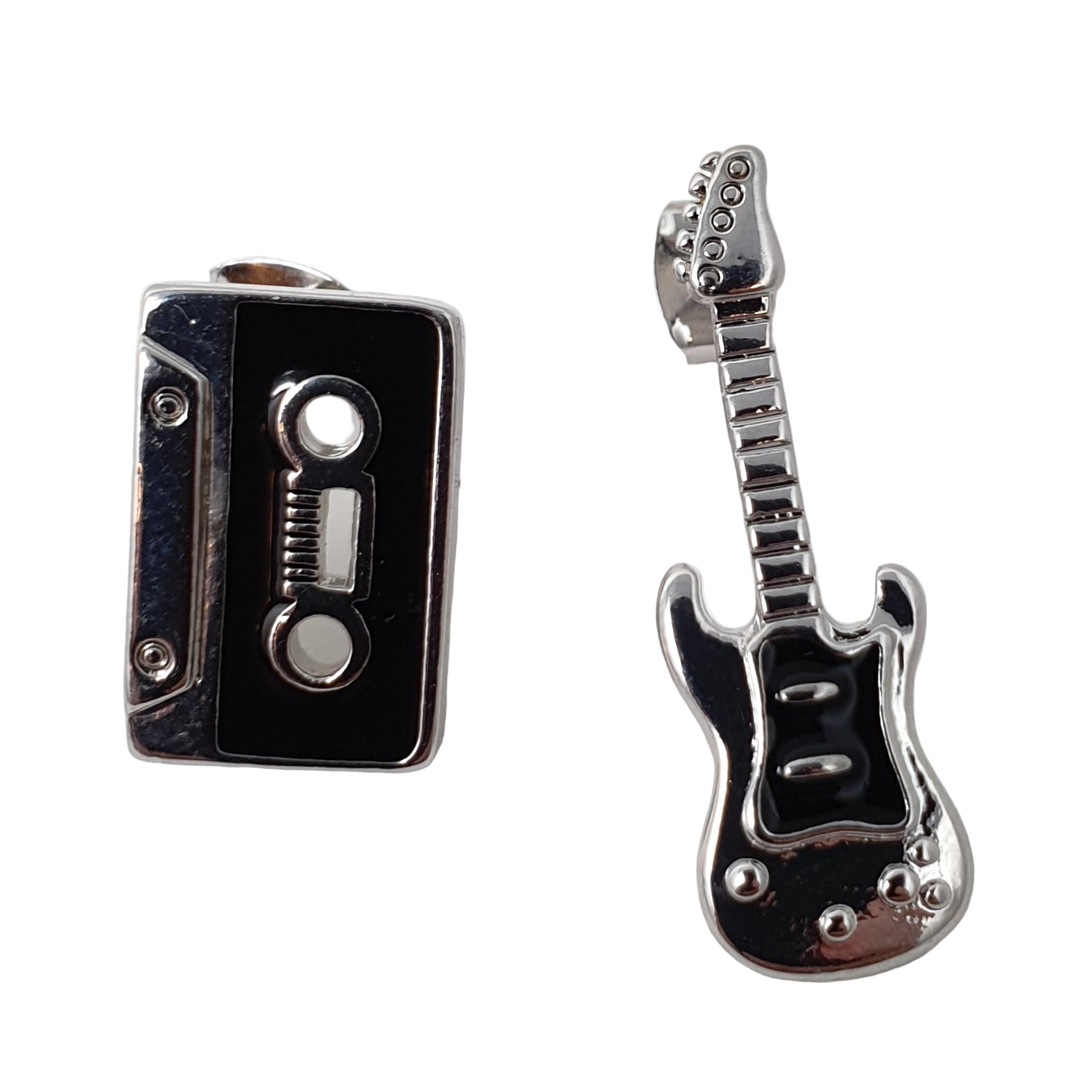 Silver guitar and cassette tape charm on a white background