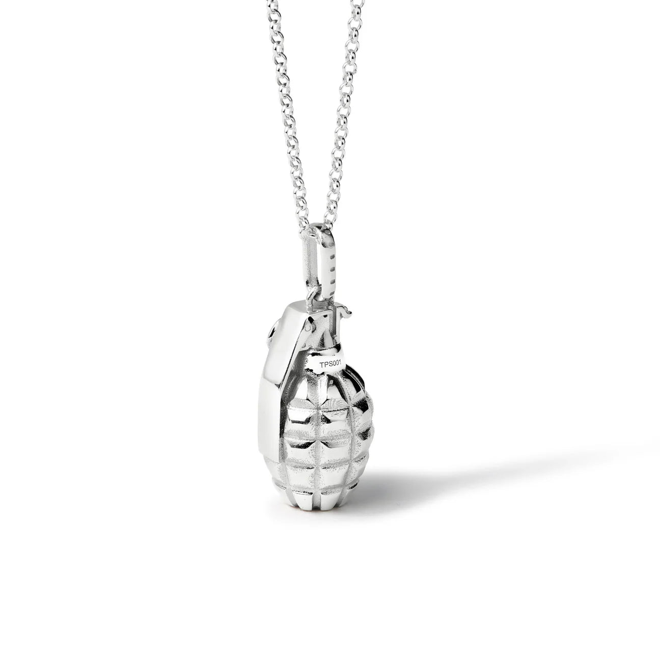 Silver grenade-shaped pendant on a chain against a white background