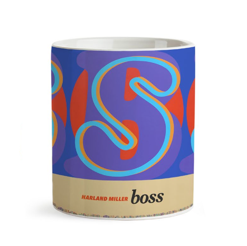 Abstract blue and purple Harland Miller mug on a white background