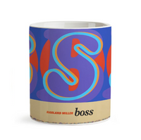 Abstract blue and purple Harland Miller mug on a white background