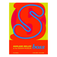 Poster for Harland Miller exhibition at the Design Museum with a large red 'S' on a yellow background.