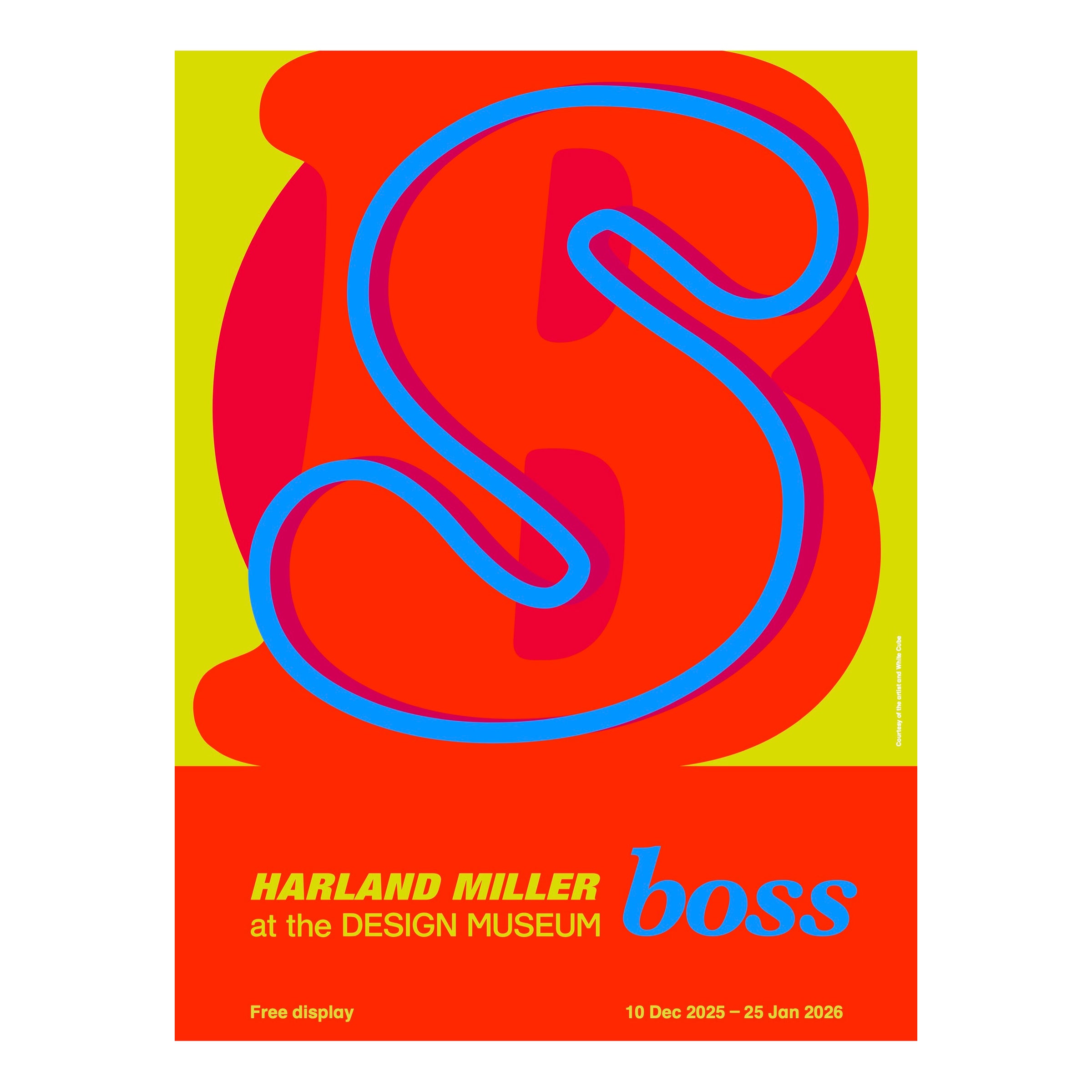 Poster for Harland Miller exhibition at the Design Museum with a large red 'S' on a yellow background.