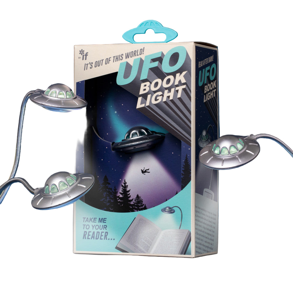 UFO book light with packaging on a starry night background