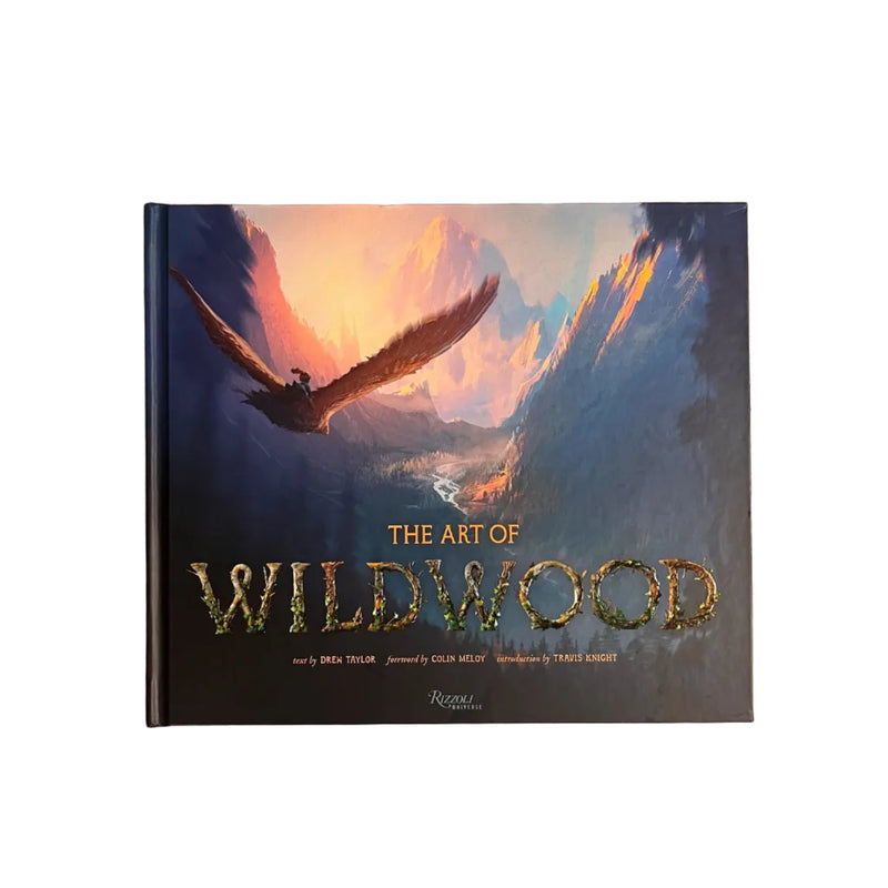 The Art of Wildwood book cover featuring a fantasy scene of a winged figure flying over a glowing canyon, with the title 'THE ART OF WILDWOOD' in large textured letters at the bottom.