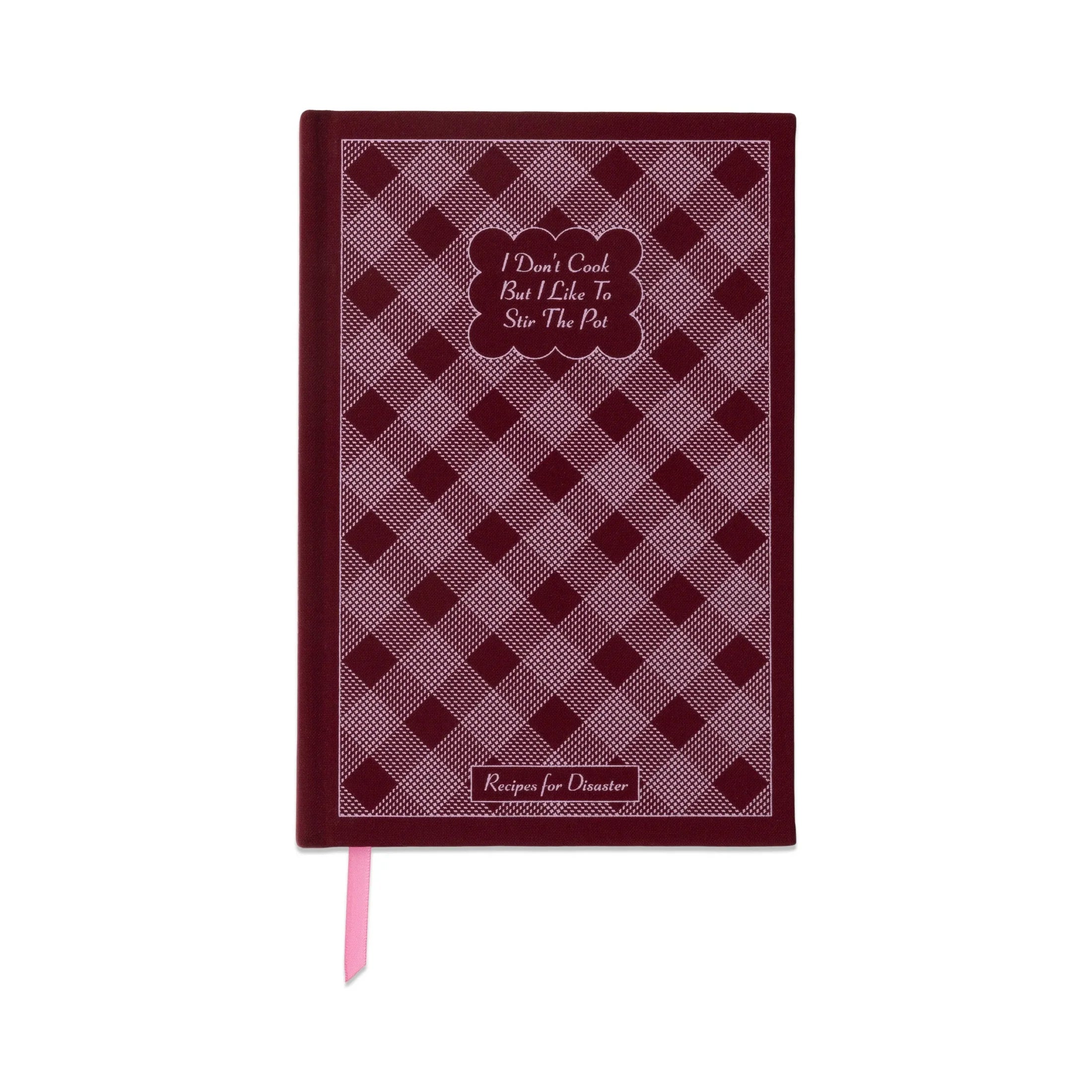 Notebook with maroon and white checkered pattern and text on a white background