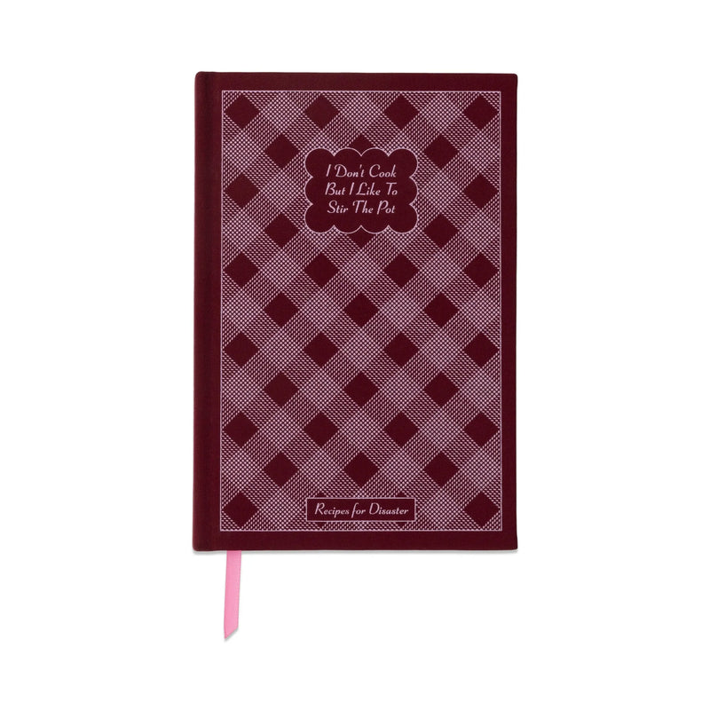 Notebook with maroon and white checkered pattern and text on a white background