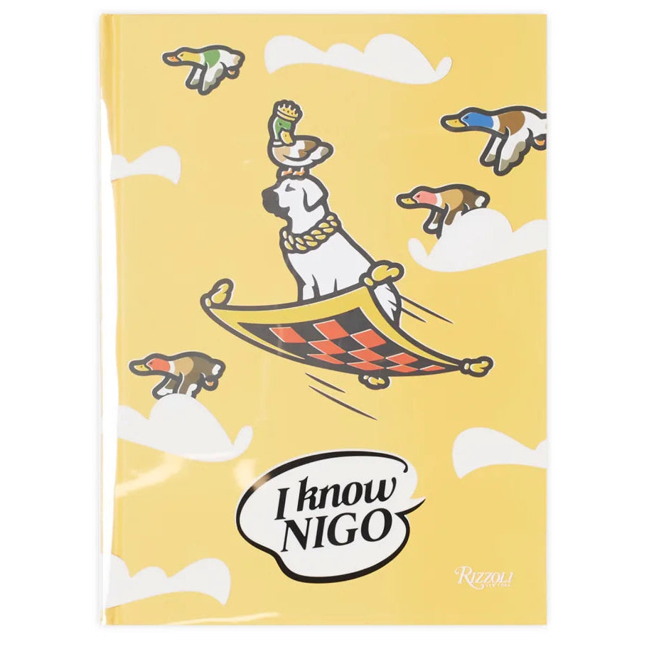 Product packaging with cartoon dog design and 'I know NIGO' text on a yellow background