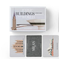 A memory game with cards showcasing iconic buildings and their corresponding cities on grey backgrounds.