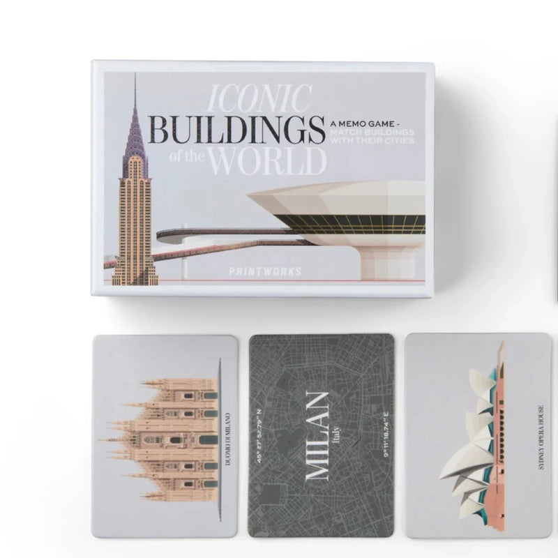 A memory game with cards showcasing iconic buildings and their corresponding cities on grey backgrounds.