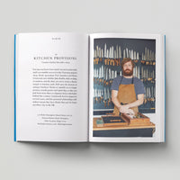 Open page of Independent London book featuring a photograph of a person standing in front of a wall of kitchen knives.
