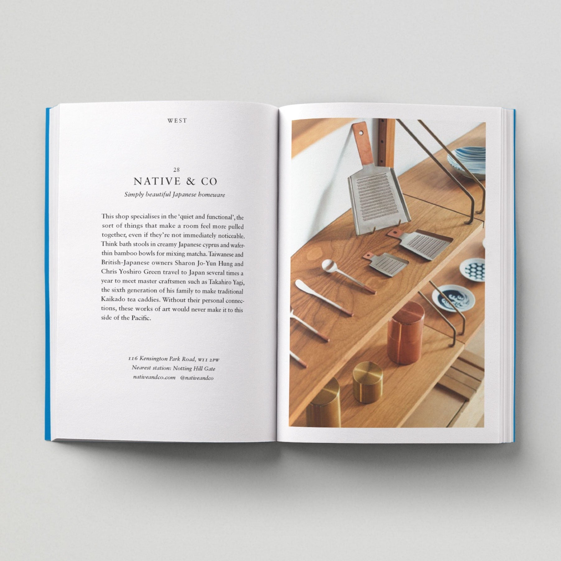Open page of Independent London book featuring a photograph of a wooden shelf displaying various Japanese tools and pottery.