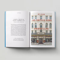 Open page of Independent London book featuring a photograph of James Smith & Sons Umbrella shop storefront.