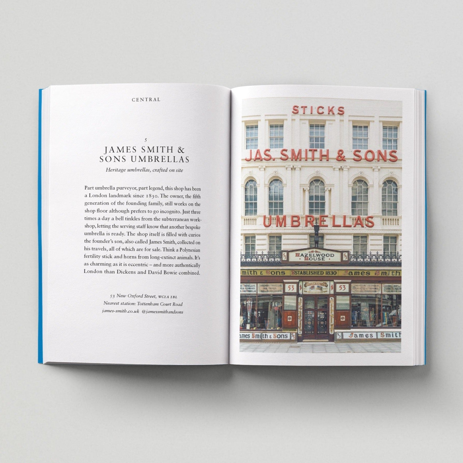 Open page of Independent London book featuring a photograph of James Smith & Sons Umbrella shop storefront.