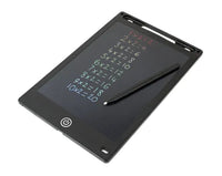 A black electronic notepad with a stylus on top, displaying colorful numbers and equations on its screen.