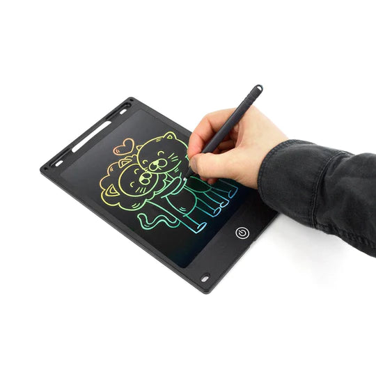 A hand drawing a colourful image of a lion and a cat on a black electronic notepad with a stylus.