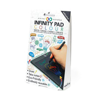 A packaging box for an electronic notebad with colourful doodles on the front.