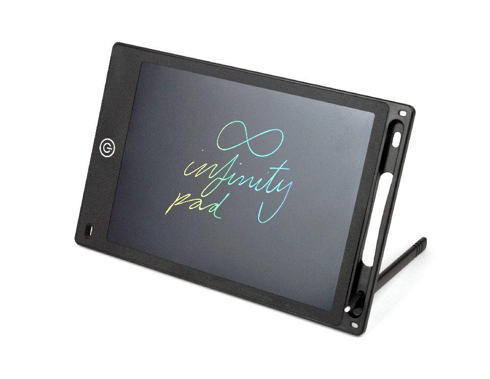 A GIF of a hand pressing the power button on a black electronic notepad, displaying colourful infinity symbol.