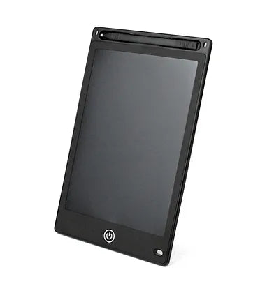 A black electronic notepad with a stylus against a white background.