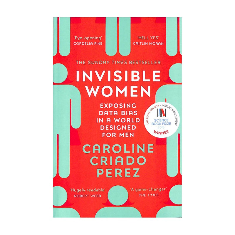 Front cover of Invisble Women featuring pale green cartoon people on a red background. 