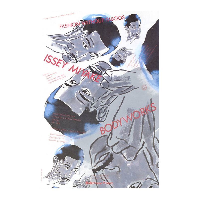 Poster for Issey Miyake exhibition featuring stylized illustrations of a person's head.