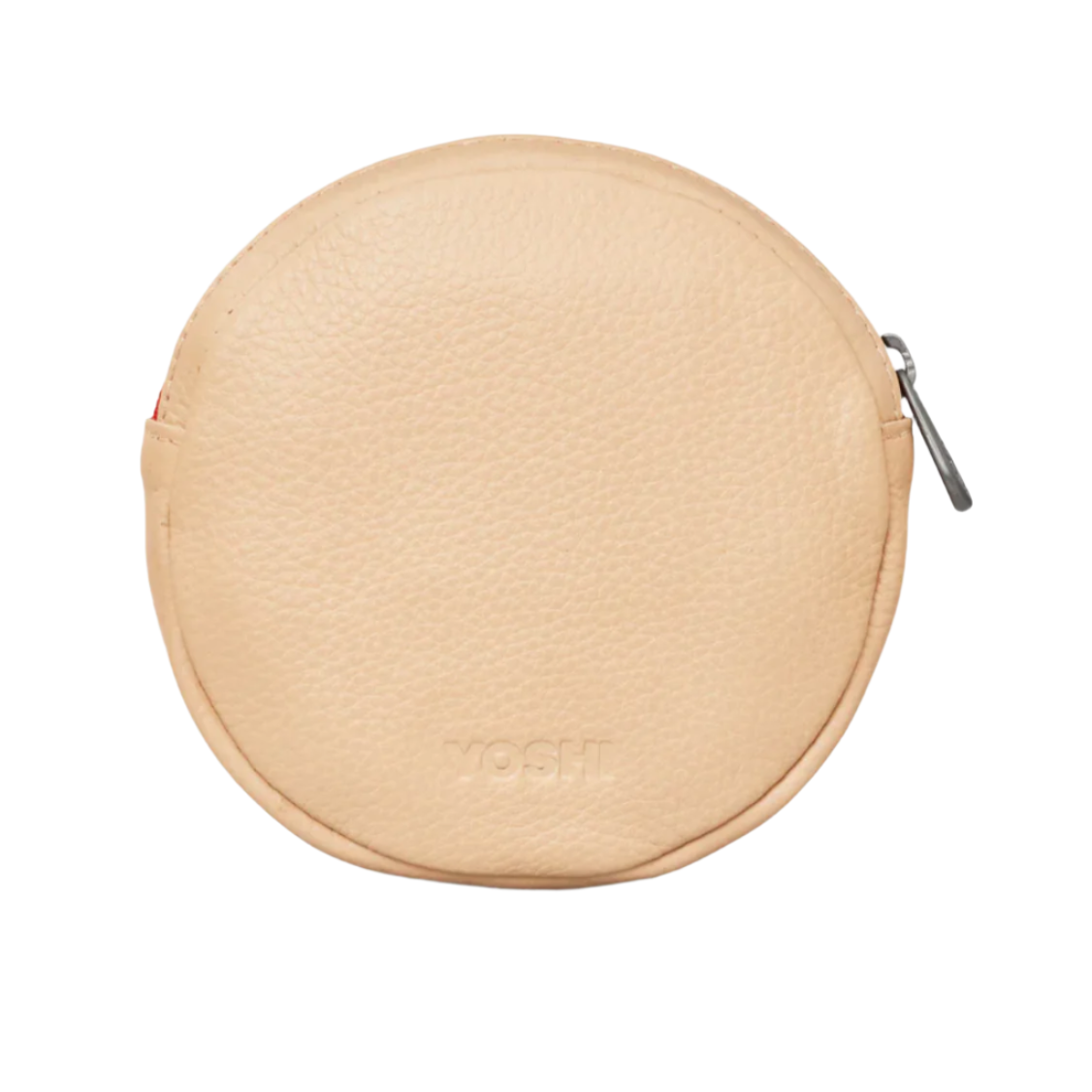 The back of a Jammie Dodgers biscuit shaped leather purse.